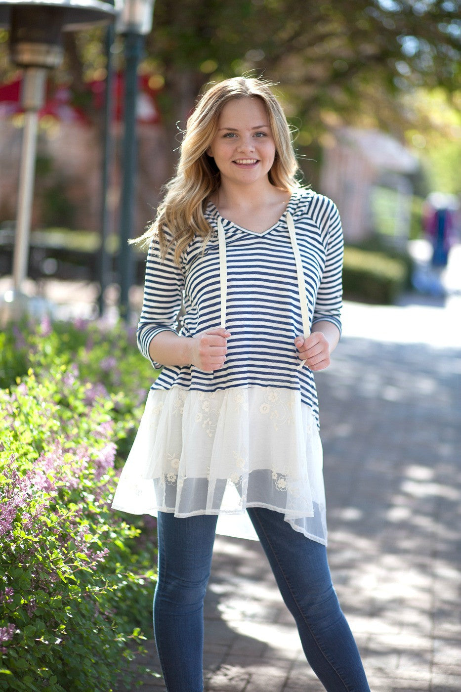 Lourdes Striped Lace Bottomed Tunic - Navy/Ivory