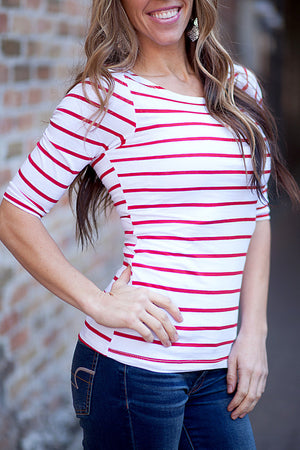 Savannah Striped Boatneck Tees - White/Red