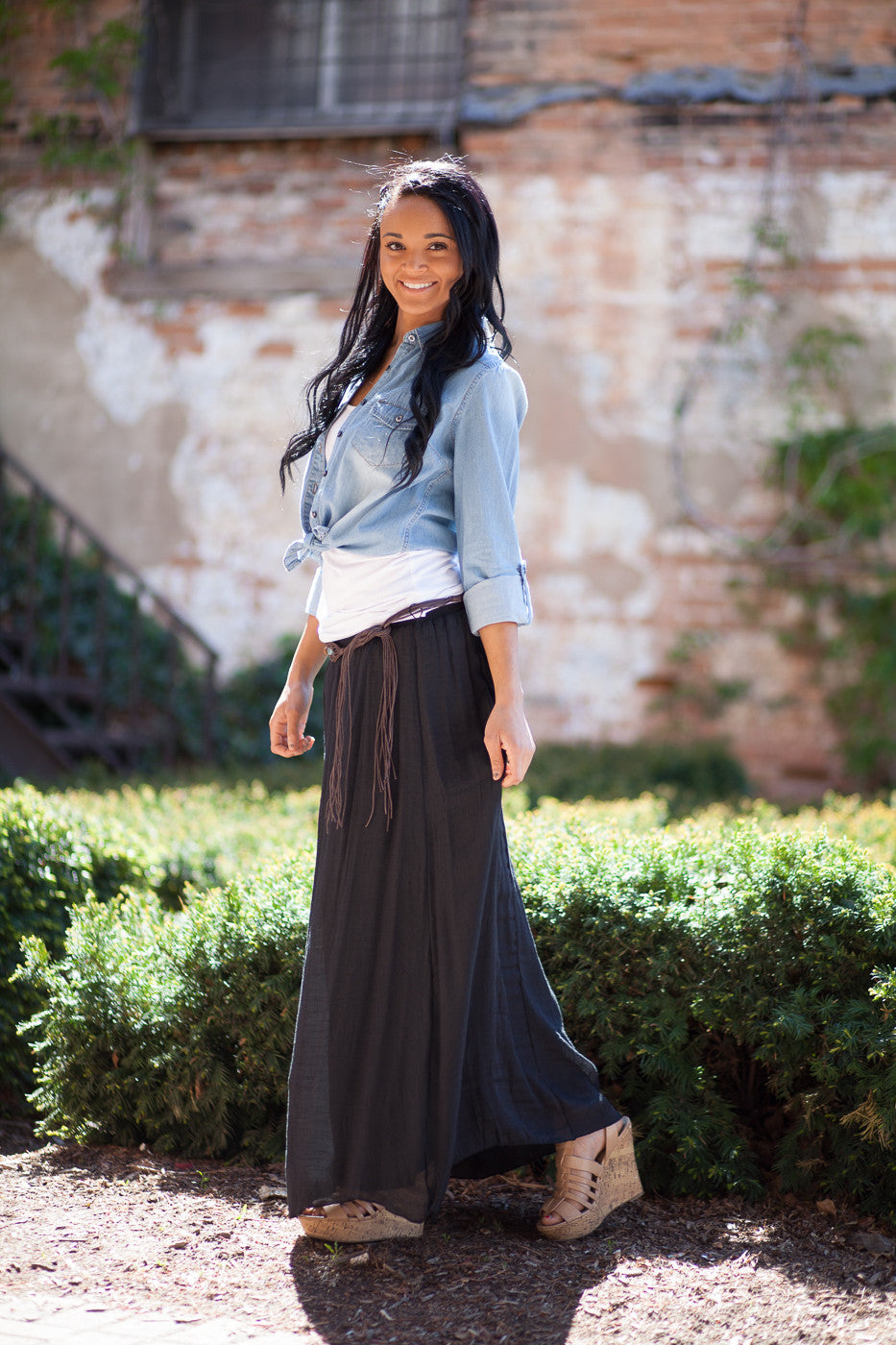 Boho Maxi Skirt with Belt - Black