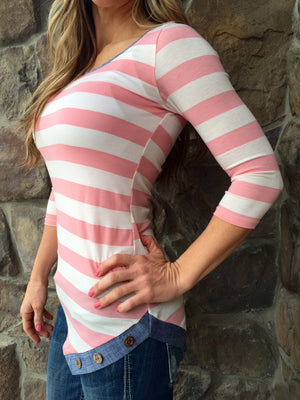 Charlotte Striped Tunic with Denim Trim - Pink/White