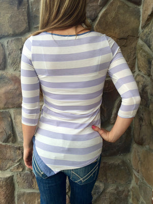 Charlotte Striped Tunic with Denim Trim - Lavender/White