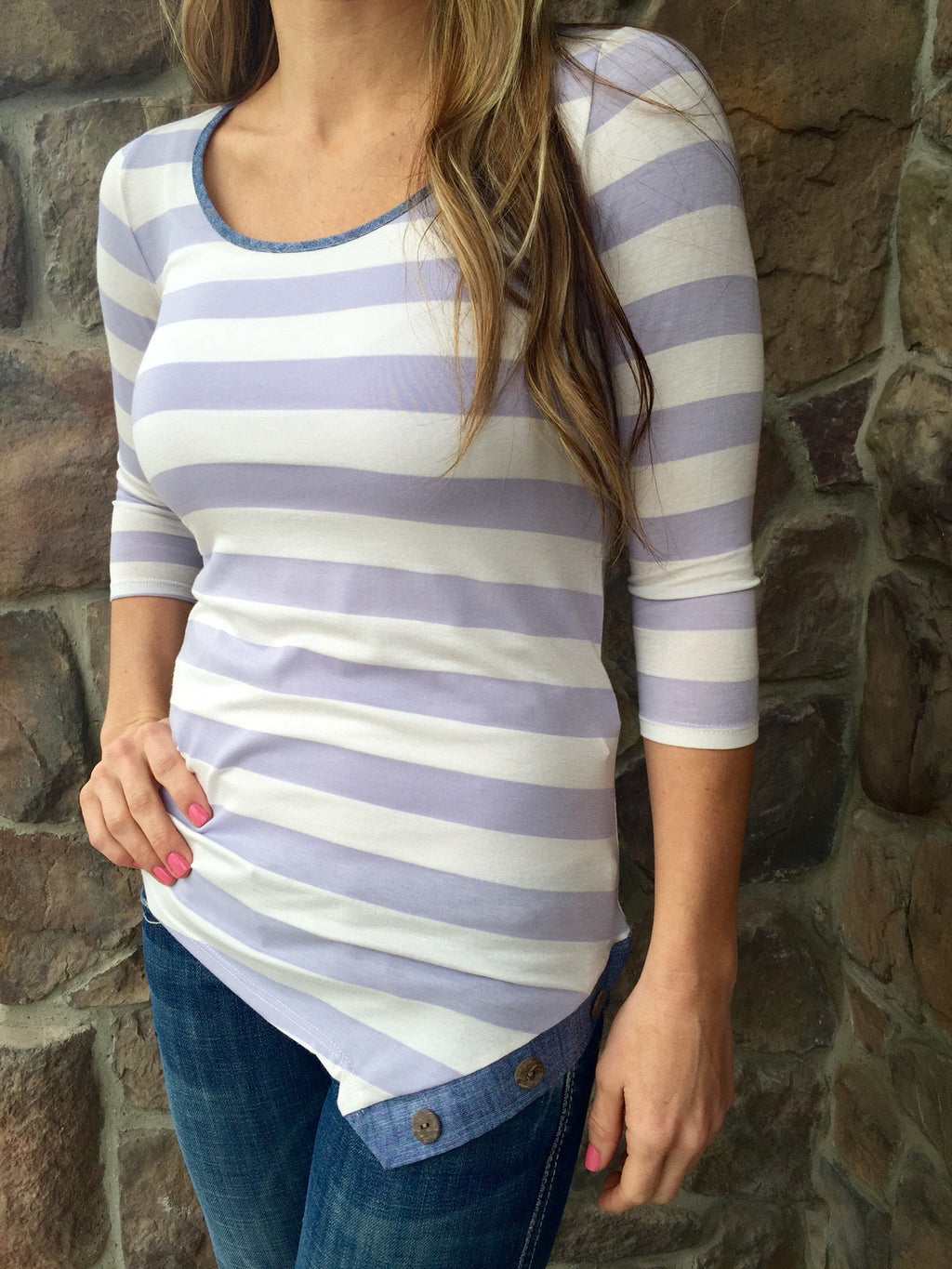 Charlotte Striped Tunic with Denim Trim - Lavender/White