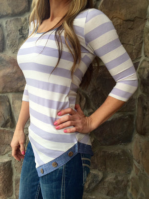 Charlotte Striped Tunic with Denim Trim - Lavender/White