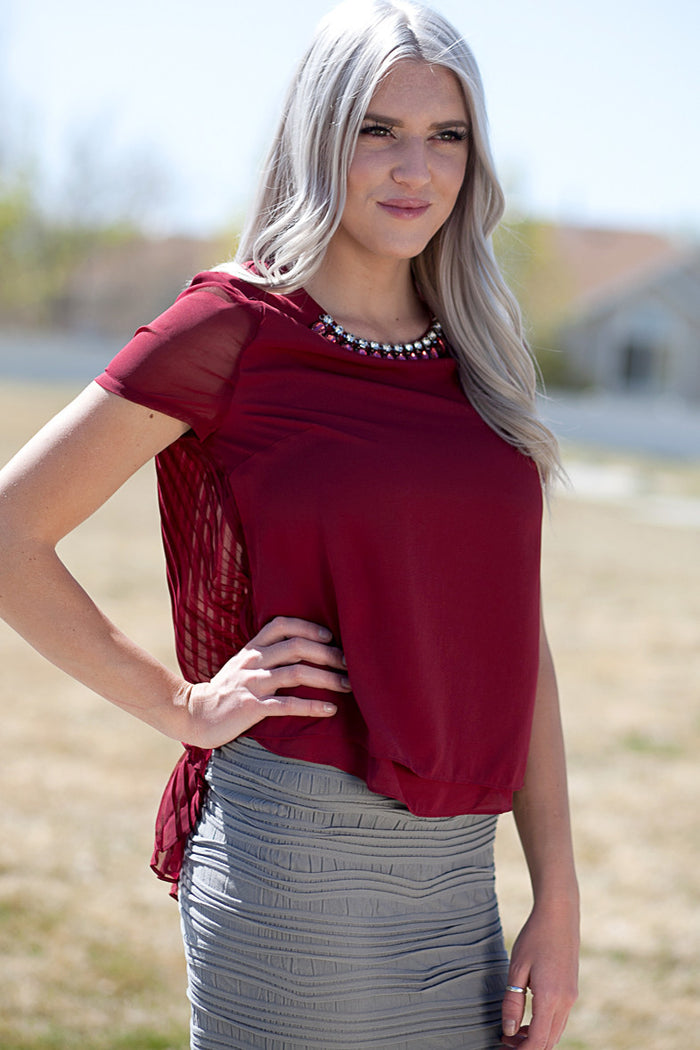 Chiffon Sparkle Collar Blouse Burgundy