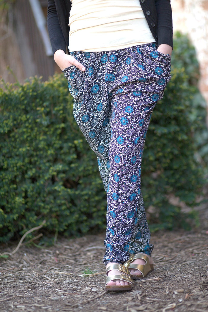 Harem Pants - Flowers - Black/Turquoise