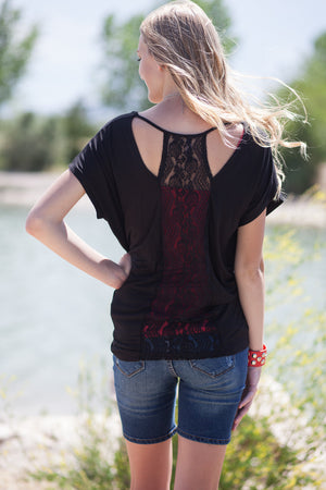 Jersey Lace Back Dolman Top - Black