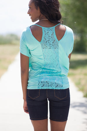 Jersey Lace Back Dolman Top - Mint