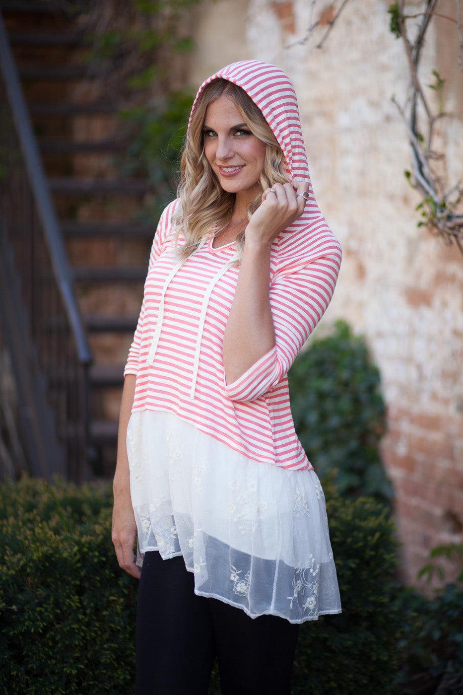 Lourdes Striped Lace Bottomed Tunic - Coral/Ivory