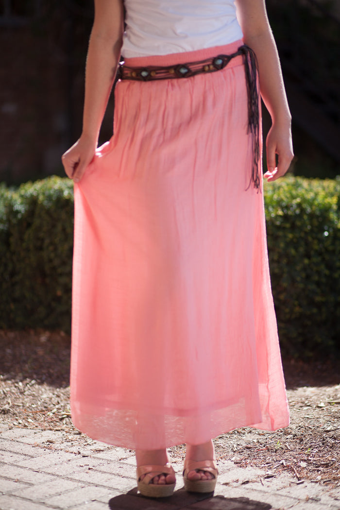 Boho Maxi Skirt with Belt - Coral