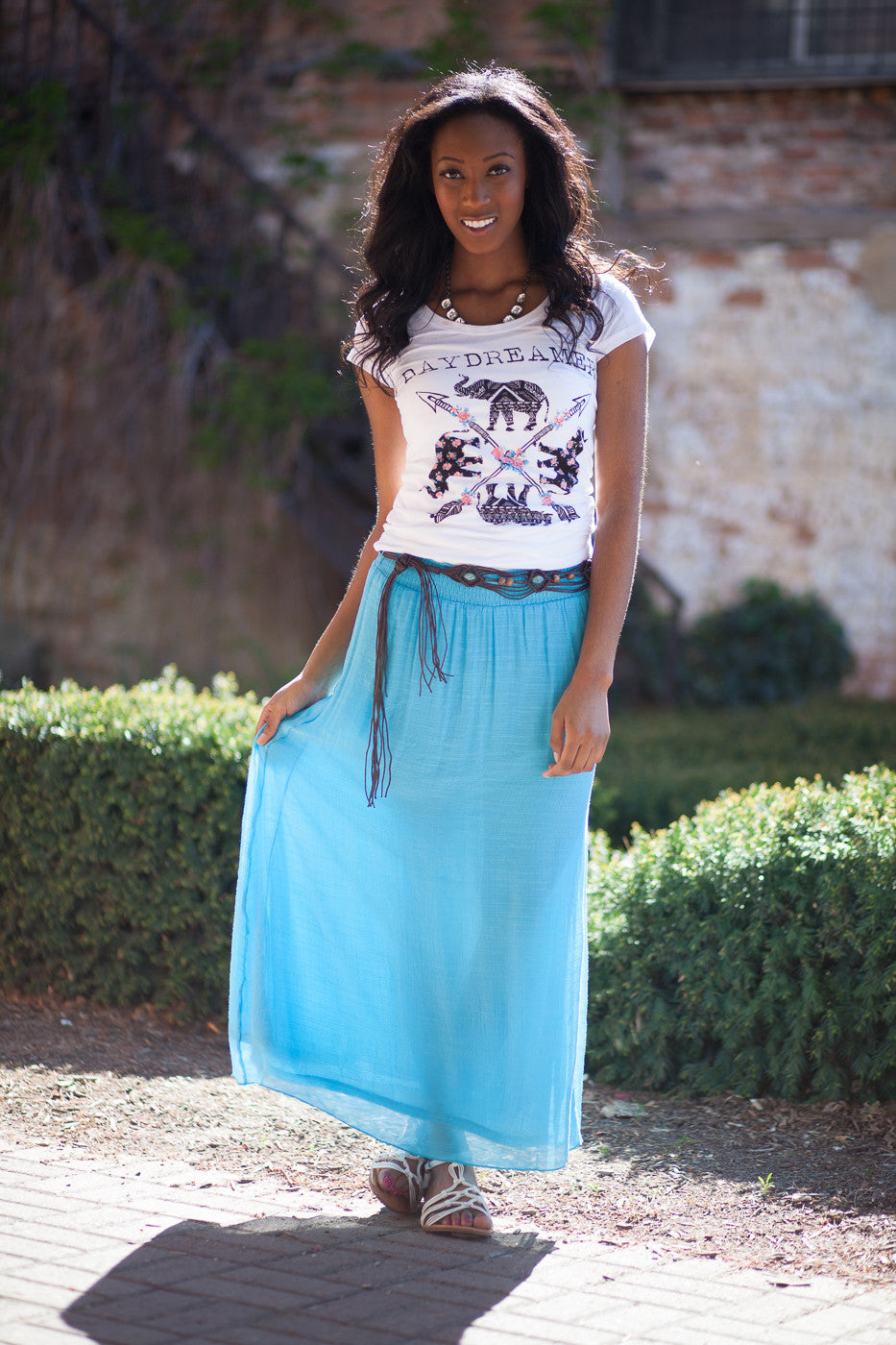 Boho Maxi Skirt with Belt - Turquoise