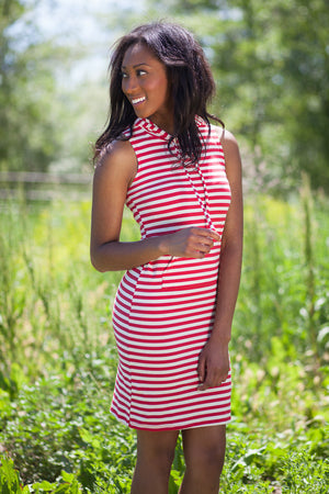 Havana Sleeveless Striped Dress- Red/Ivory