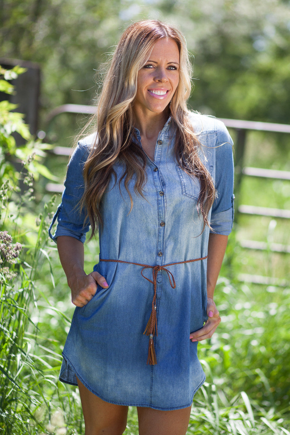 Raleigh Chambray Dress with Brown Braided Tassel Belt