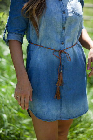 Raleigh Chambray Dress with Brown Braided Tassel Belt