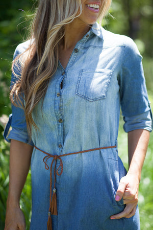 Raleigh Chambray Dress with Brown Braided Tassel Belt