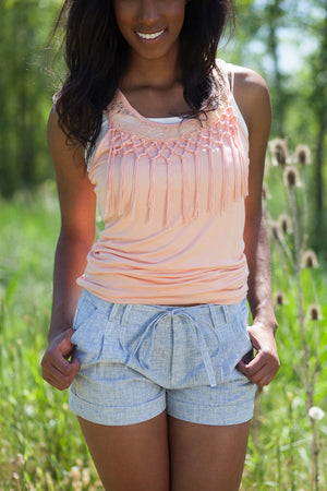 Pleated Tie Front Linen Shorts - Light Blue