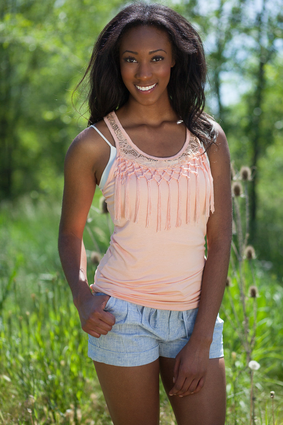 Ireland Fringe and Lace Tank Top - Peach