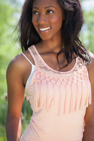 Ireland Fringe and Lace Tank Top - Peach