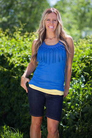 Ireland Fringe and Lace Tank Top - Blue