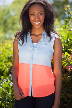 Madrid Chambray/Sheer Top - Coral