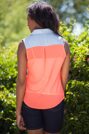 Madrid Chambray/Sheer Top - Coral