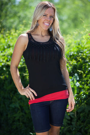 Ireland Fringe and Lace Tank Top - Black