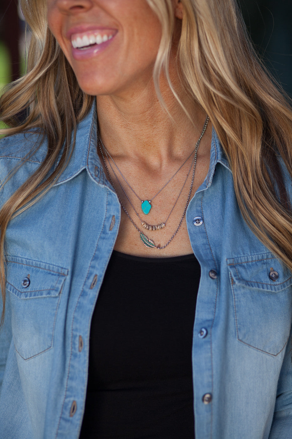 Feather Boho Triple Strand Necklace - Aqua/Silver