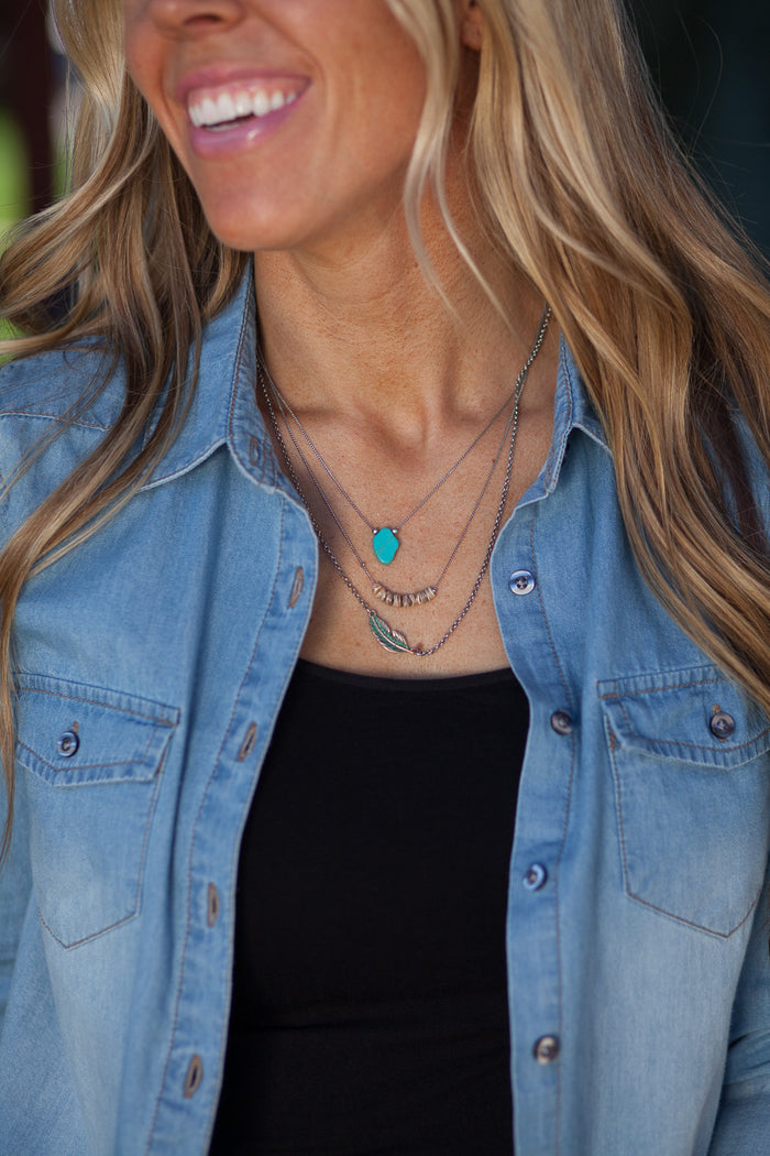 Feather Boho Triple Strand Necklace - Aqua/Silver