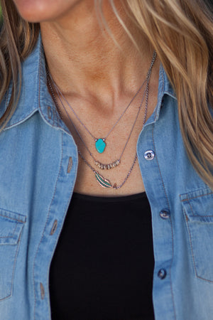 Feather Boho Triple Strand Necklace - Aqua/Silver