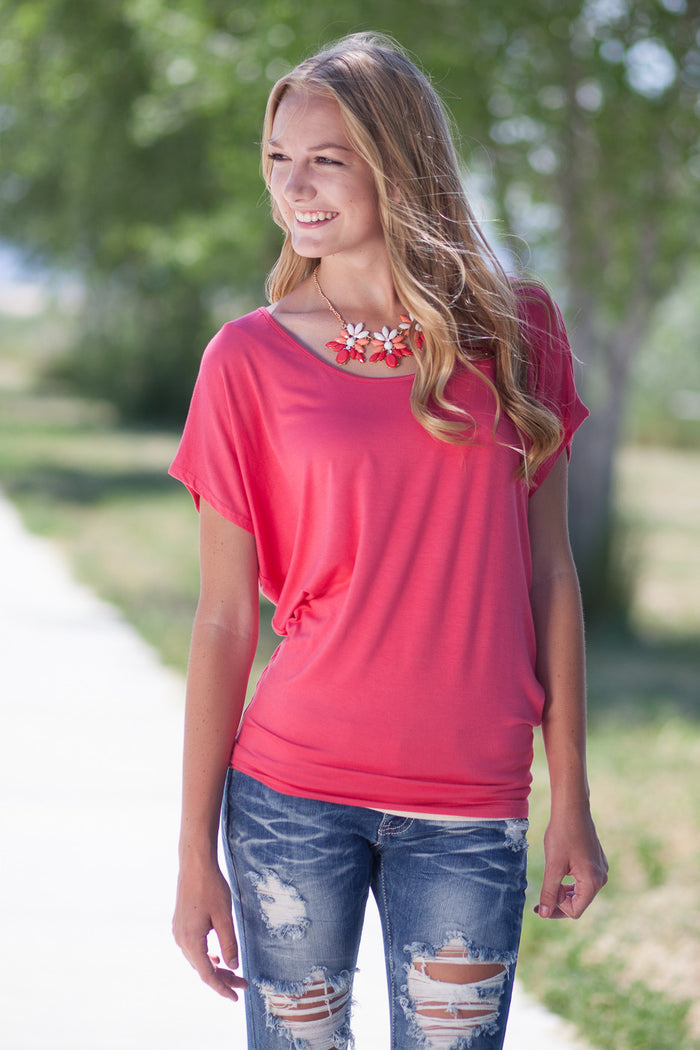 Jersey Lace Back Dolman Top - Strawberry