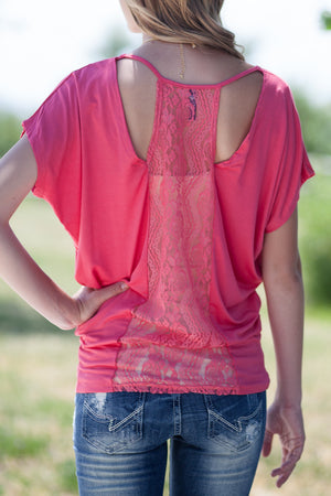 Jersey Lace Back Dolman Top - Strawberry