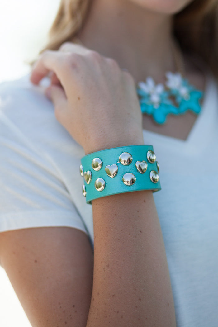 Verona Studded Heart Cuff - Aqua