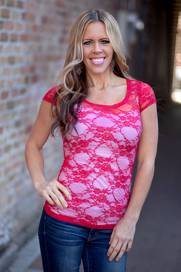 Lace Overlay Stretch Tee Shirt Red