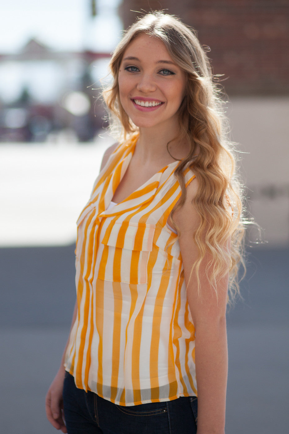 Macy Stripe Sleeveless Top Mustard/Ivory