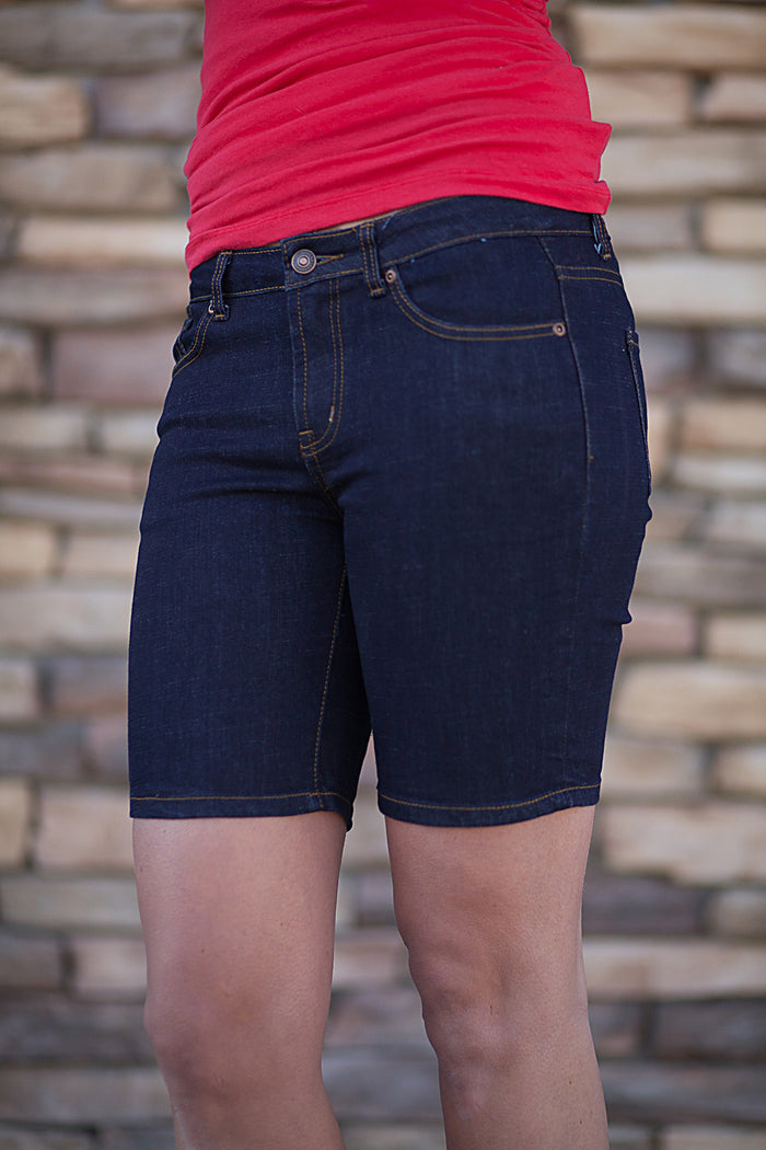 Mid-Length Dark Wash Denim Shorts