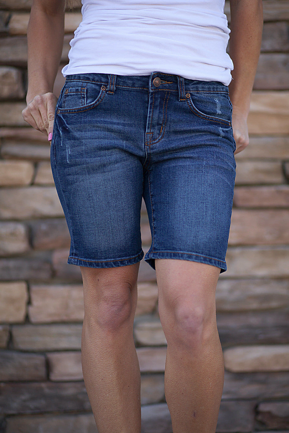 Mid-Length Medium Wash Denim Shorts