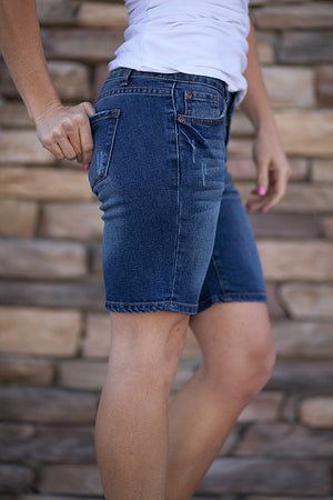 Mid-Length Medium Wash Denim Shorts