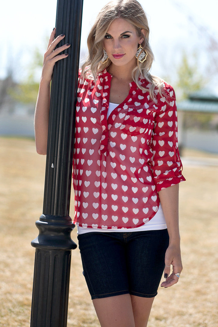 Sheer Heart Print Blouse Red