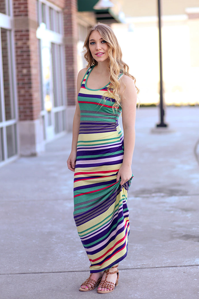 Sierra Striped Tank Dress - Green/Red/Yellow