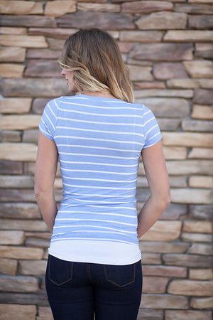 Striped Short Sleeve V-Neck Tee - Sky Blue/White