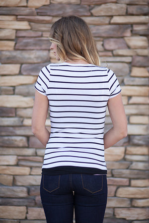 Striped Short Sleeve V-Neck Tee - White/Black