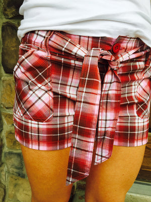 Tie Front Plaid Shorts Plum