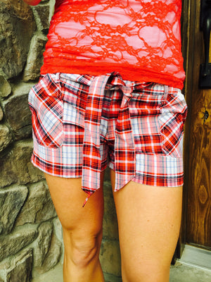 Tie Front Plaid Shorts Red