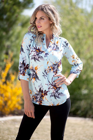 Tropical Chiffon Blouse - Light Blue