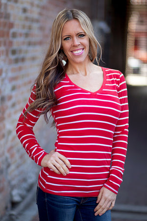 Madison Stripe V Neck Tees - Red/White