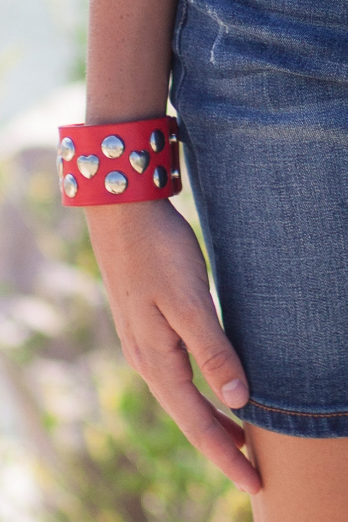 Verona Studded Heart Cuff - Red