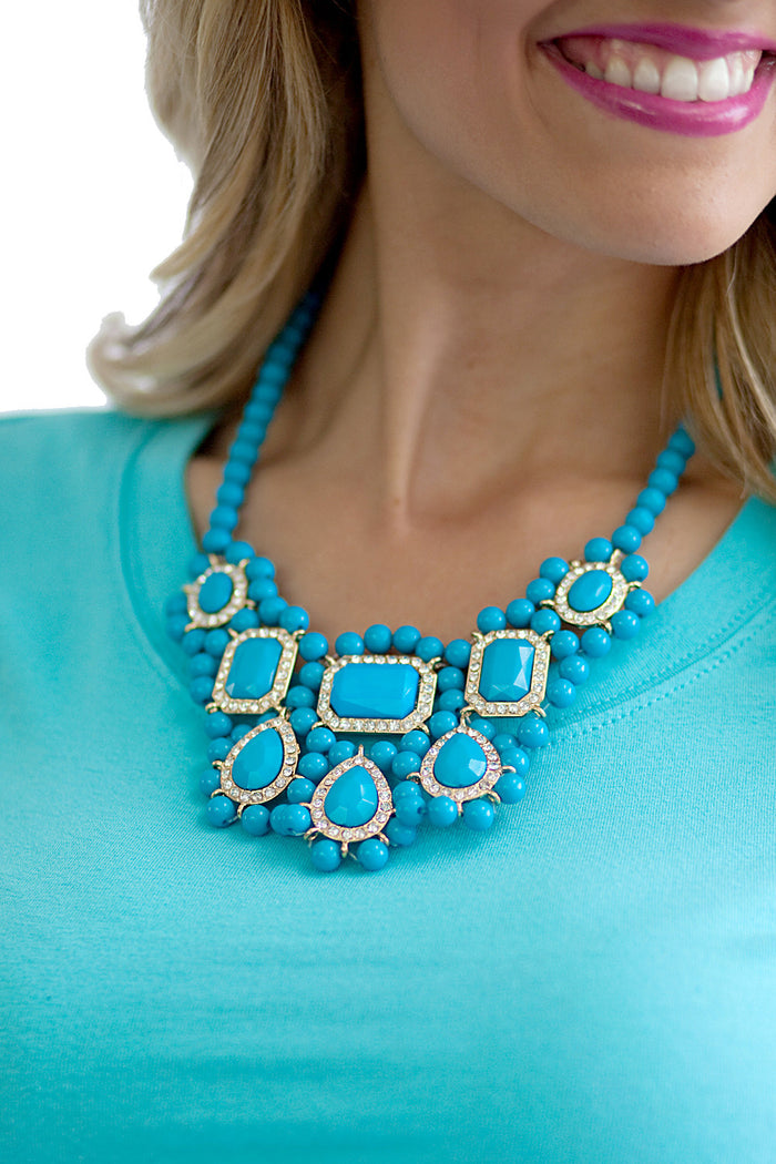 Teardrop Crystal Bib Necklace Blue