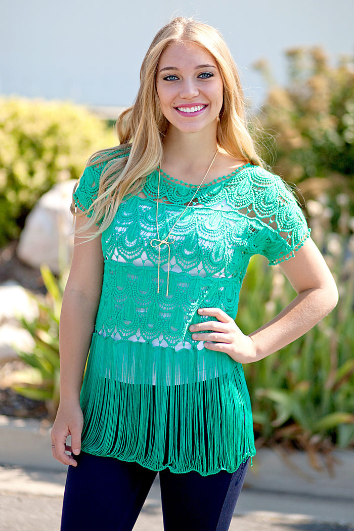 Lace Crochet Fringe Top Green