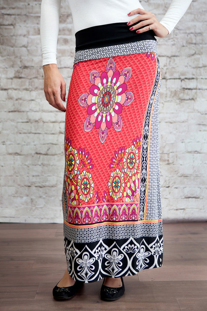 Ornate Patterned Maxi Skirt Red