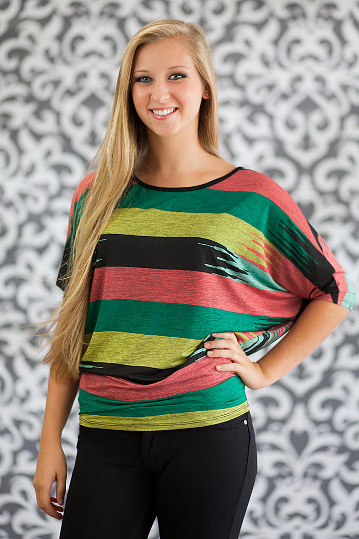 Vibrant Striped Dolman Top Black/Pink/Green/Yellow