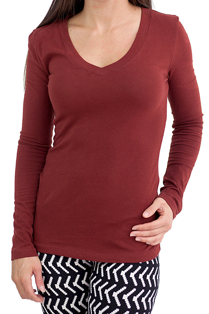 Wonderful Long Sleeve V Neck Tee Dark Rust